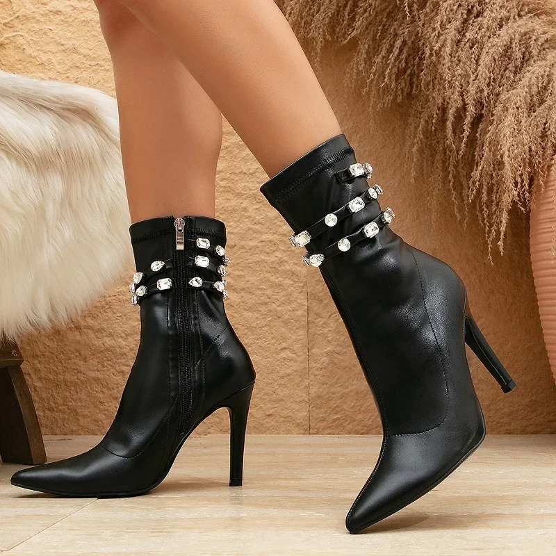 Eilyken Fashion Crystal Diamond Ankle Boots Women Winter Fashion Pointed Toe Thin High Heels Zipper Shoes Booties Mujer