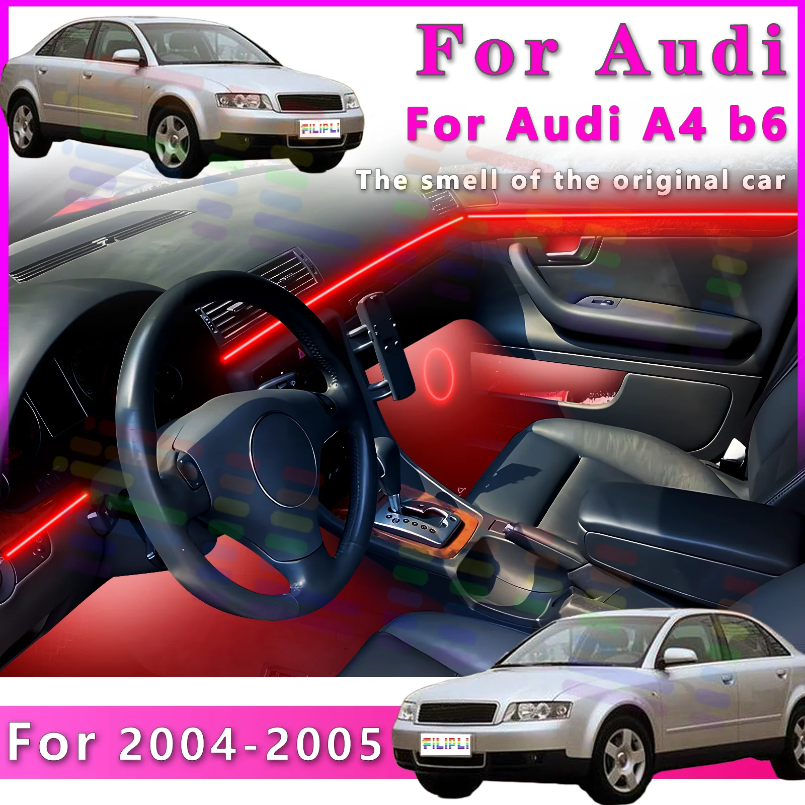 

For Audi A4b6 2004-2005 Car Interior RGB LED Atmosphere Light Strip Fiber Optic Neon Invisible Ambient Lamp APP Decoration Trim