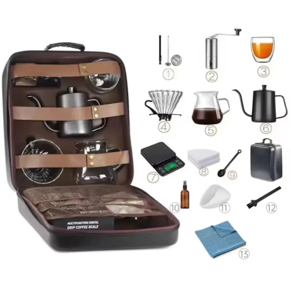

600Ml OEM 11-13 pieces coffee pour coffee set kettle digital scale glass server manual grinder travel coffee set gift