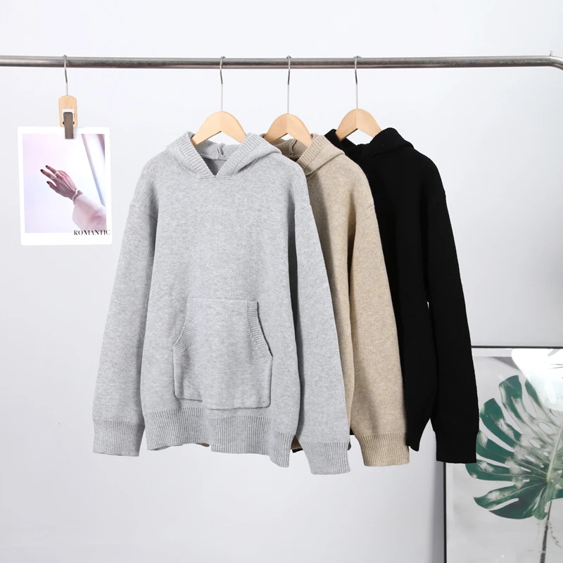 Women Fashion Solid Knitted Hooded Top O-neck Casual Full Sleeve Loose Pullover Female Spring New Chic Casual Street Outfit
