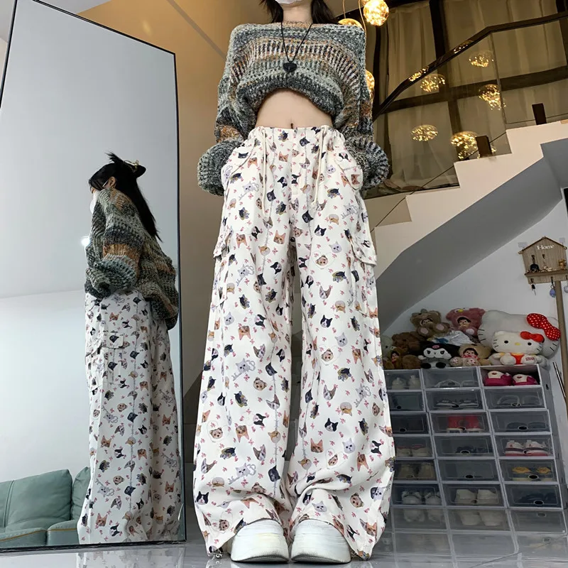 Women's White Baggy Graphic Print Cargo Pants Vintage Oversize Y2k Parachute Trousers Korean Harajuku Pants 2000s Clothes 2024