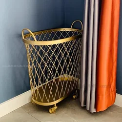 North Metal Gold Color Dirty Clothes Storage Basket, Handle Wheel Laundry Basket, Home Creative Organizer with Wheel, Dirty Clot