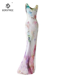 BirdTree, 2 Layered Mulberry Silk Dresses, Women Staghetti Strap Floral, High End Patry Slim OL Dress 2024 Summer New D45483QC