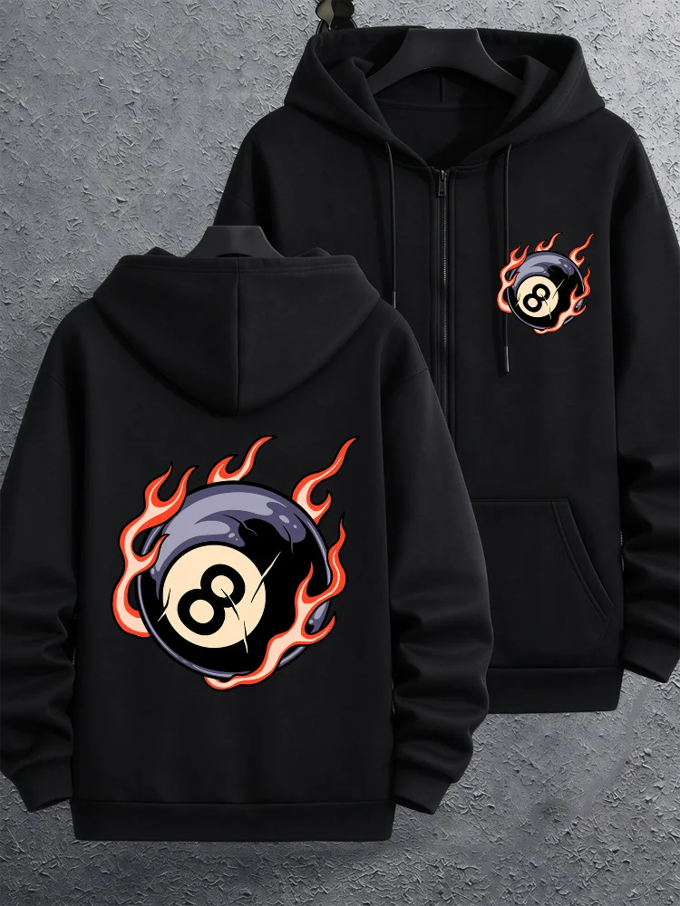 Moletom masculino com capuz e zíper, estampado com grafia de bola de bilhar Flame 8, fleece quente para o inverno, roupa esportiva atlética, jaqueta f