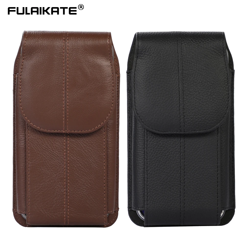 FULAIKATE 6,1" 6,7" 7,2" Pierwsza warstwa etui na telefon ze skóry bydlęcej dla iPhone 13 Pro Max Samsung Z Fold3 Torba na talię Męska przenośna kabura
