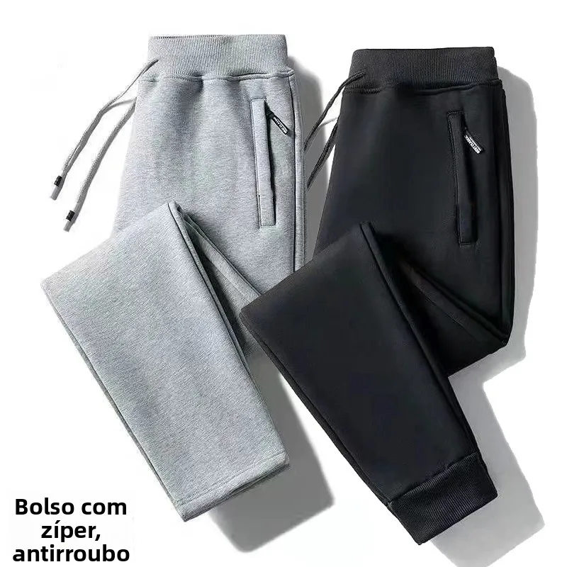 Calças Masculinas de Fleece com Forro, Estilo Coreano, Casuais, com Bolsos e Fechamento com Zíper, Roupas de Outono e Inverno...