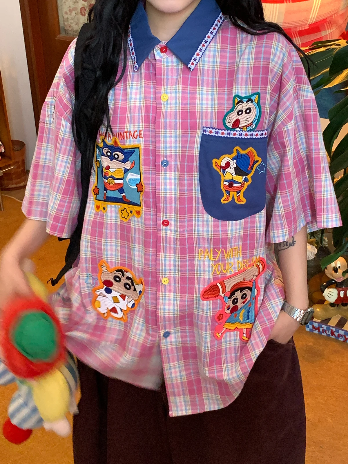 

Loose Women's Summer Shirt Plaid Short Sleeve Embroidered College Style Fun Children's Stitched Top American Cartoon Grid Pat...