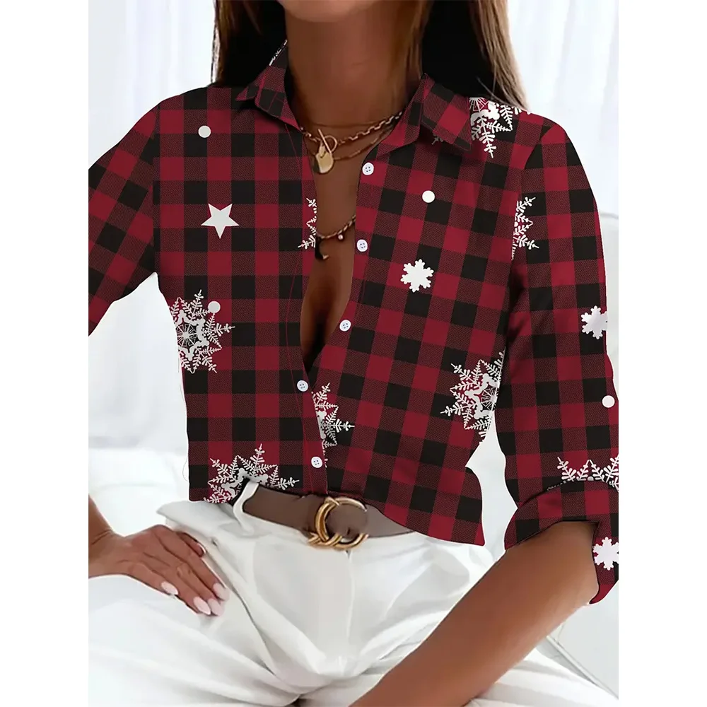 Dames 2024 Nieuwe 3d Kerst Bedrukt Lange Mouwen Shirts Elegant Revers Lange Mouw Top Winter Lente Single-Breasted Basic Shirt