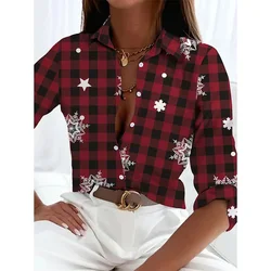 3d Christmas Style Printed Lapel Long Sleeve Shirts Women's Elegant Single Breasted Button Tops For Winter Basic Tops Oversized