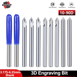 HAMPTON 1pcs 3.175-6.35mm Shank V Shape Tip Carving Cutter 10/15/20/30/45/60/90 Degrees Carbide Router Bit PCB 3D Engraving Bit