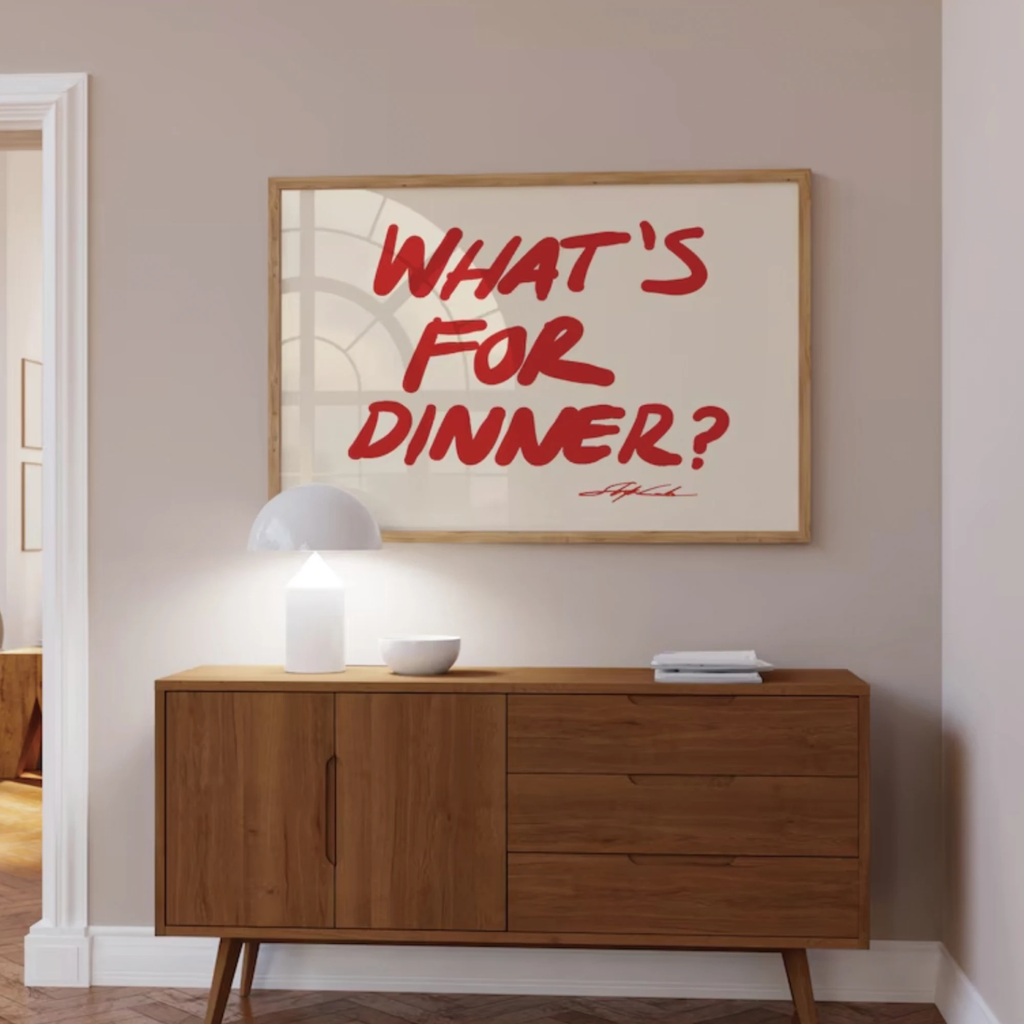 Roter moderner minimalistischer Kunstdruck „What's For Dinner“ auf Leinwand, Poster, Bild für Küche, Wohnzimmer, Schlafzimmer, Heimdekoration