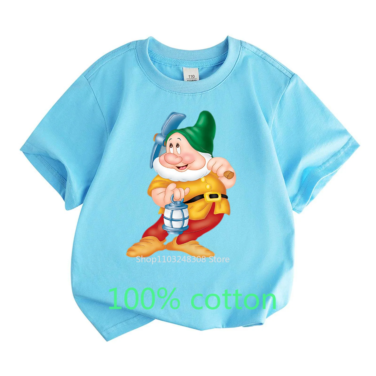 Summer Children\'s Clothes 100%Cotton T-shirt Boys Girls Kids Tops Dwarf Cartoon Round Neck Short-sleeved T-shirt Toddler 2-15Y