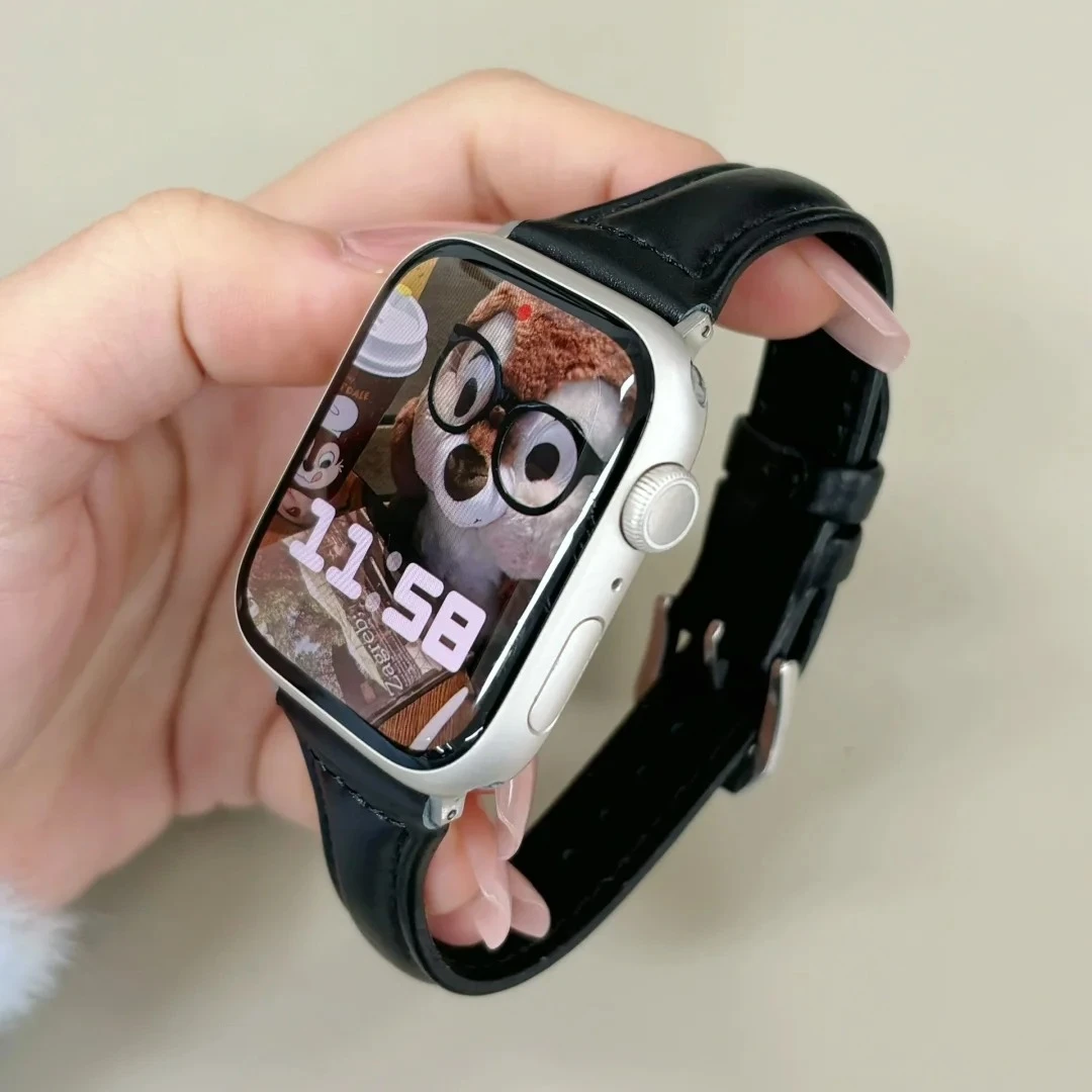 Slim Real Leather Strap For Apple Watch Series 9 41/45mm 8 7 Correa Band 38/42mm Ultra 49mm Bracelet iWatch SE 6 5 4 3 40mm/44mm