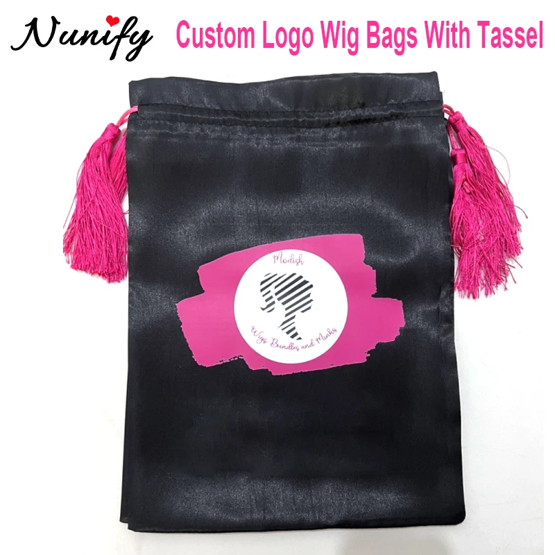 Customized Package Bag For Small Business Satin Bag With Tassel 25x35cm Wig Storage Bags With Drawstring Hairdressing Bag Pink