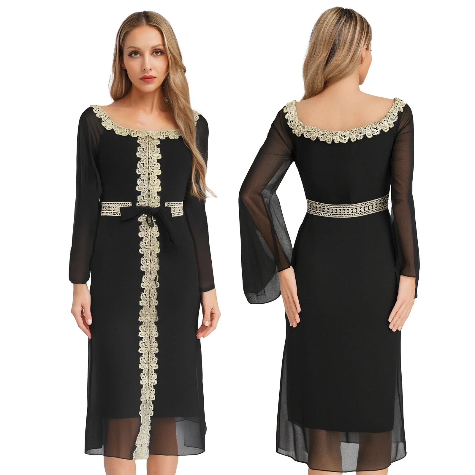 

Halloween Islamic Dubai Muslim Cosplay Dress Women Long Sleeve Vantage Embroidery Chiffon Dress Fancy Eid Party Carnival Dress