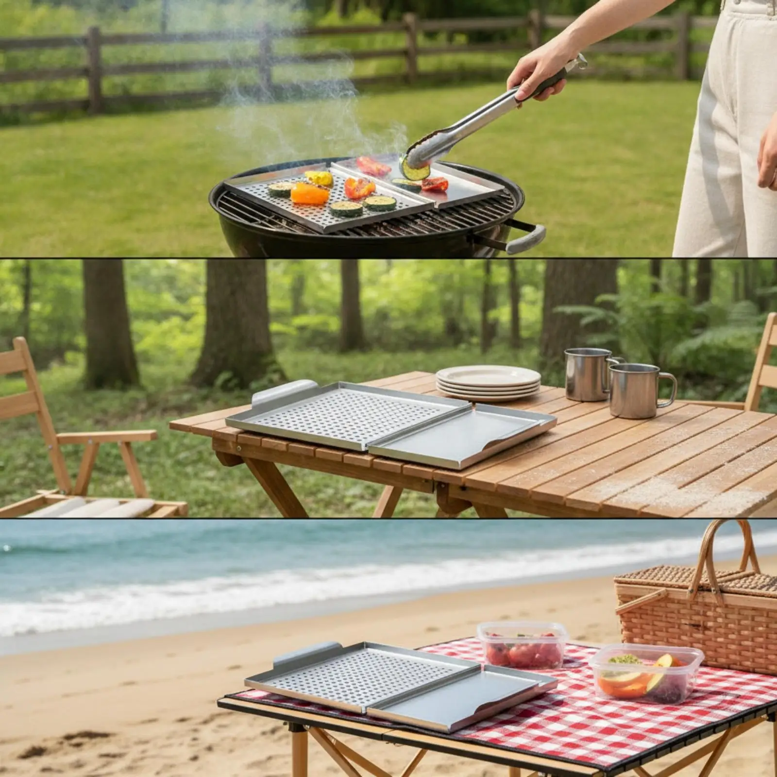 BBQ Grill Tray Stainless Steel Rectangular Grilling Basket with Raised Edges for Outdoor Barbecue Meat and Vegetable Prep