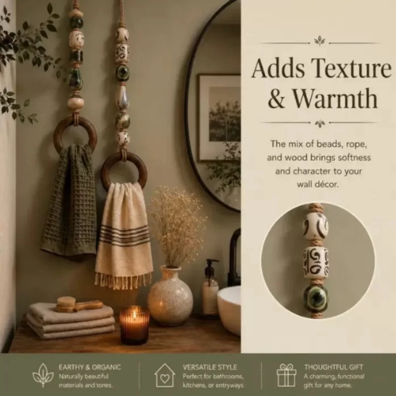 Decorative Beaded Towel Hanger with Wooden Ring Kitchen Dish Towel Holder with Ceramic Bead Accents for Bathroom Kitchen Use