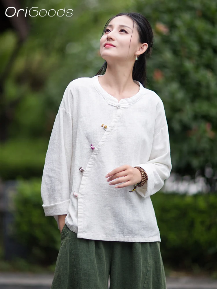 

OriGoods блузка с длинными рукавами, осень 2025, новинка, хлопковая китайская традиционная одежда из рами, женская рубашка, винтажный льняной топ в стиле дзен B333