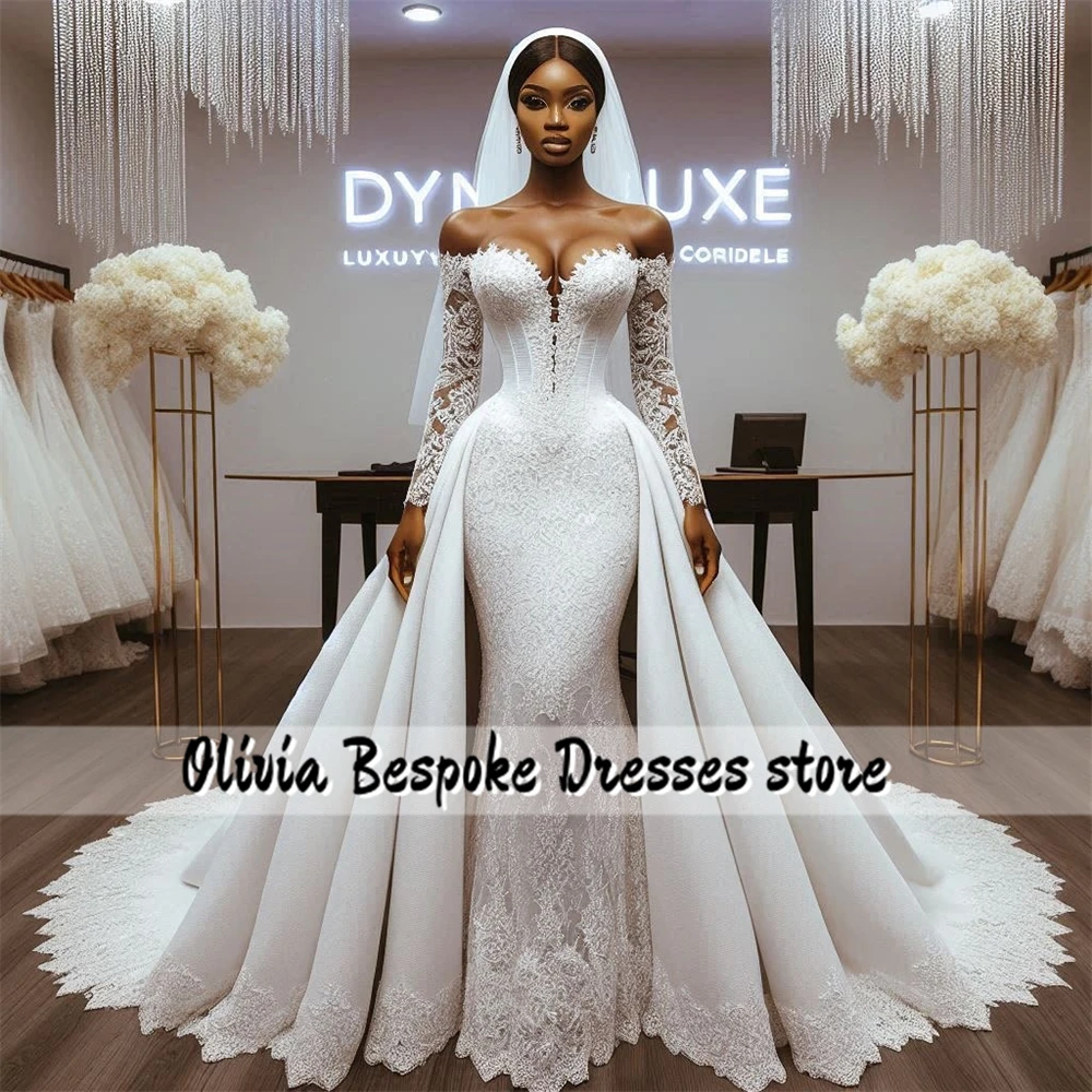 Remarkable Aso Ebi Lace Mermaid Wedding Dresses Off The Shoulder Three Quarter Sleeves African Engagement Gowns Sweep Train