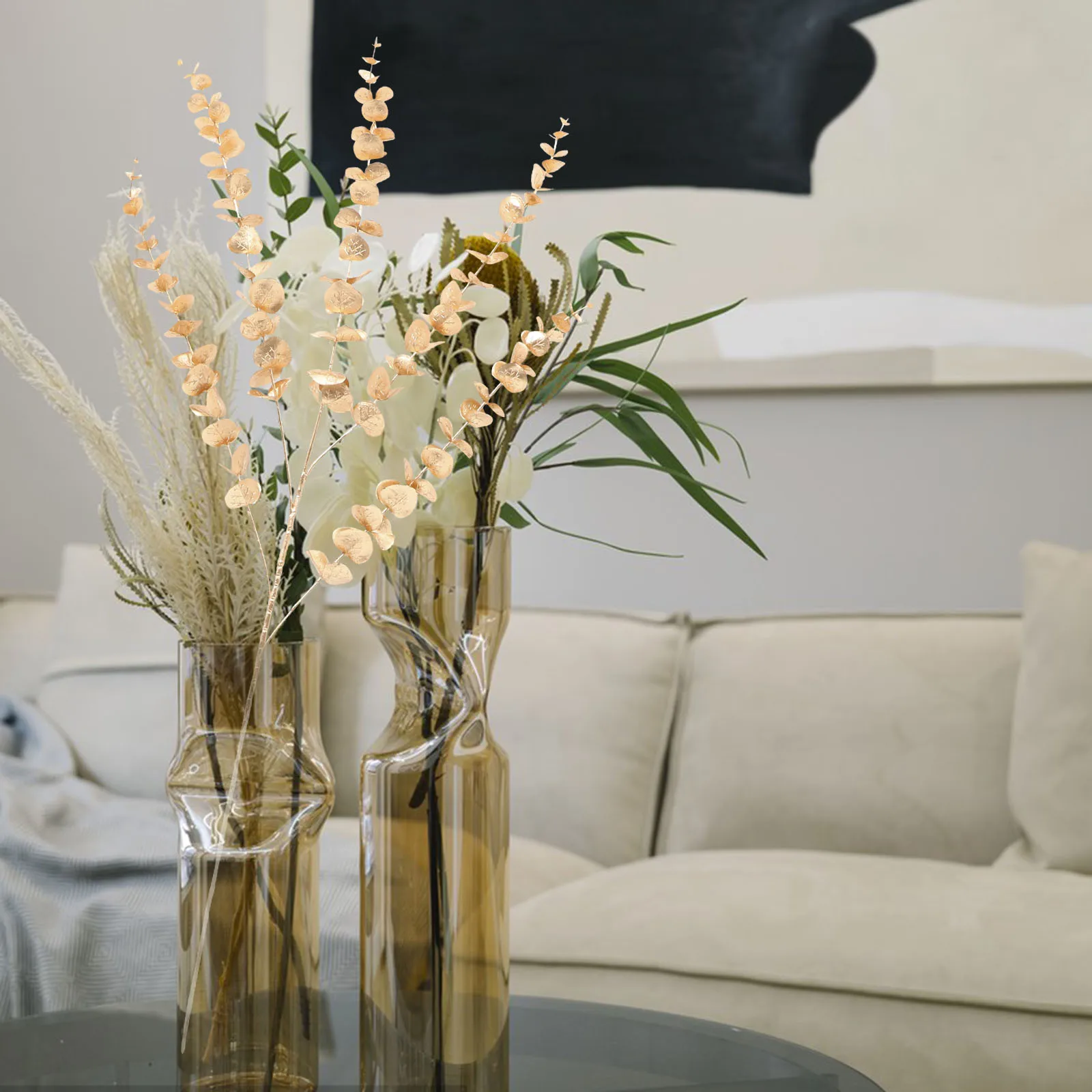 

4pcs Golden Eucalyptus Leaves Artificial Stems Fake Plants Decor Living Room Bedroom Kitchen Centerpiece Leaf Branches for Vase