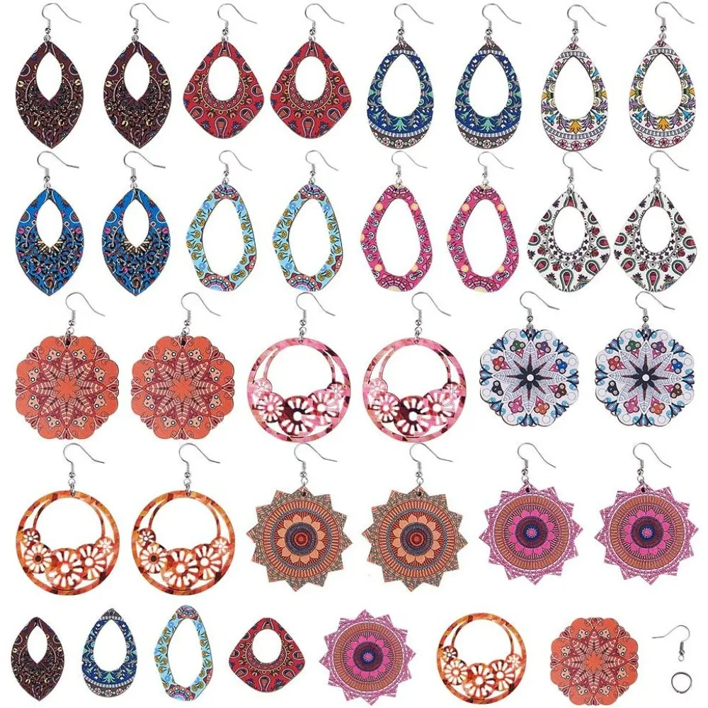 DIY 14 Pairs Printed Wooden Dangle Earring Making Starter Kit Include Printed Wooden Charms Pendants Embellishments Hanging