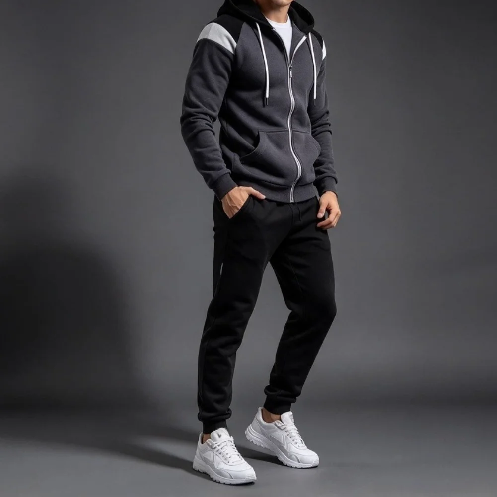 Hoodie and Pants Matching Set for Men Suitable for Autumn Winter Running Sports Casual Daily Wear and Mobility