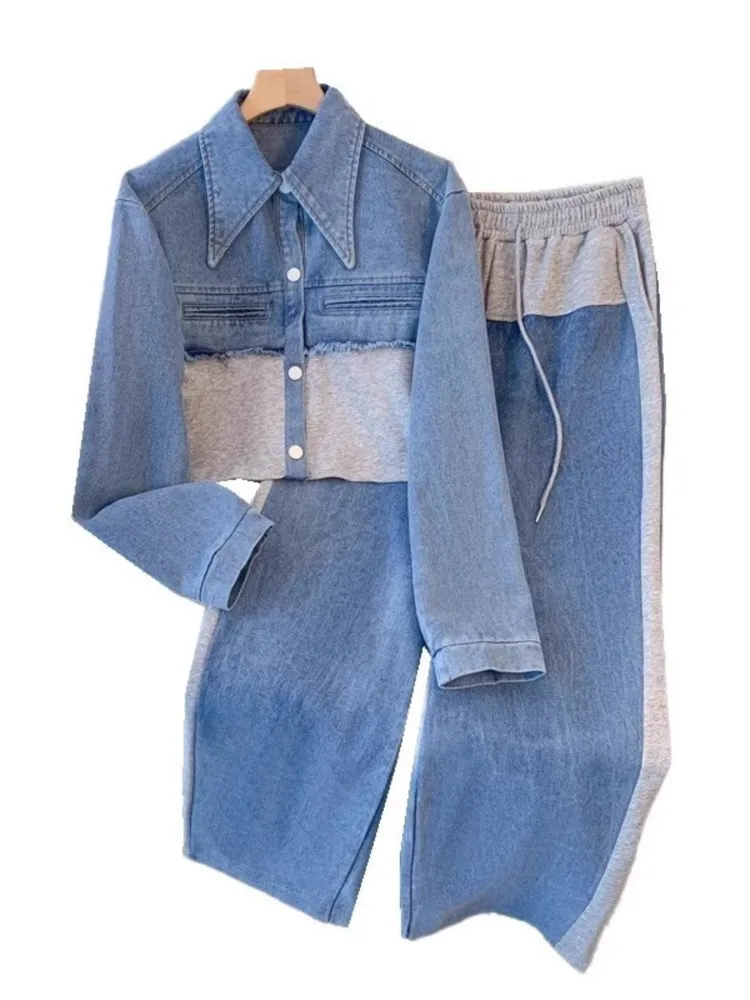 الأزرق المرقعة السراويل مجموعات النساء أزياء طويلة الأكمام واحدة الصدر سترة قصيرة مستقيم السراويل قطعتين مجموعة الإناث الجديدة