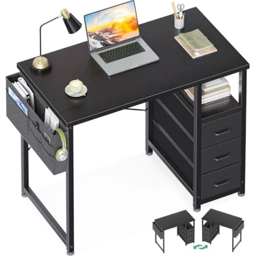 

32 Inch Study Desk for Bedroom and Home Office: Black Fabric-Drawers Desk with Storage Shelf Bag, Space-Saving Small Computer D