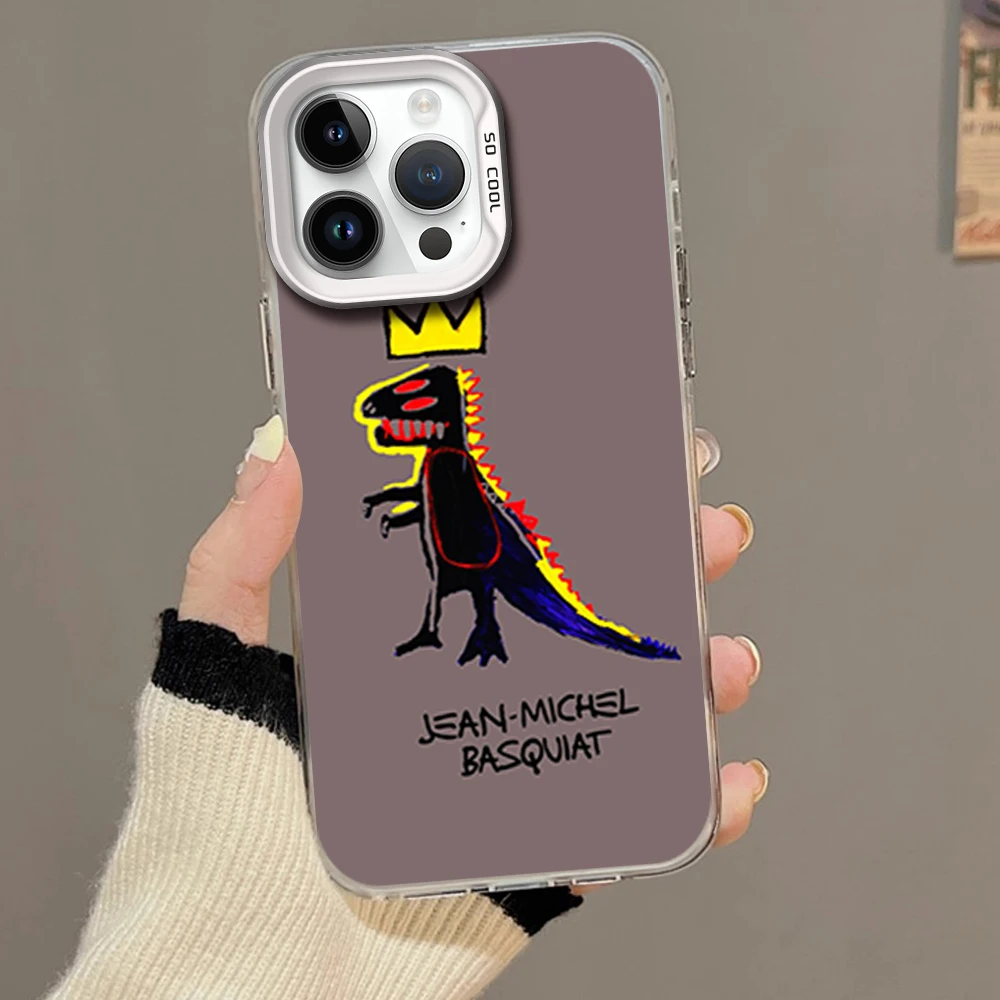 Art B-Basquiats Dinosaur Crown Phone Case For iPhone 16 12 13 14 15 Pro Max Plus Color Electroplated Silver IMD Laser Shell