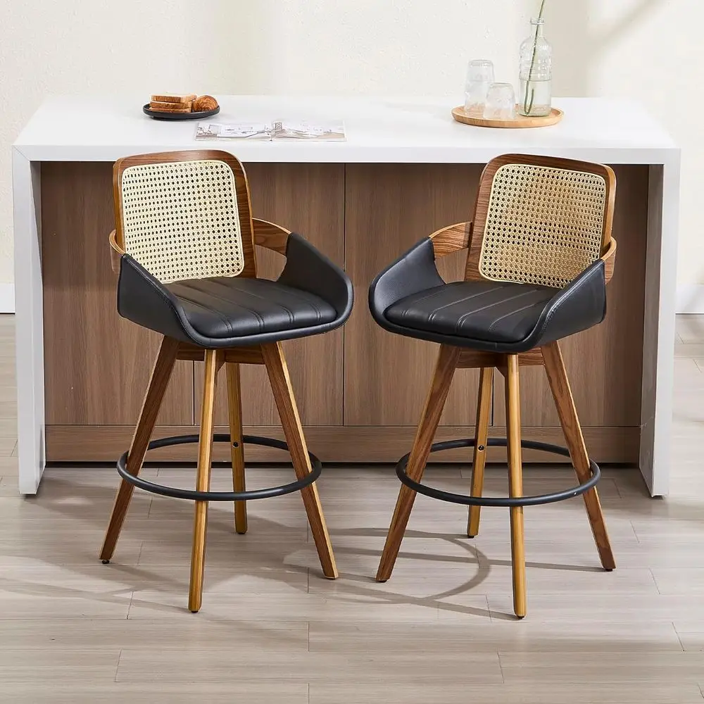 

Pair of 26 Leather Swivel Bar Stools with Rattan Back, Counter Height for Boho Style Kitchen or Home Bar - Black