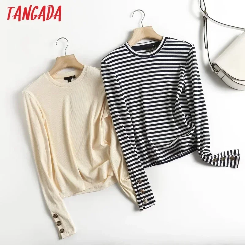 Tangada Women 2023 Elegant Striped Knitted Sweater Jumper Long Sleeve Female Crop Pullovers 4C312