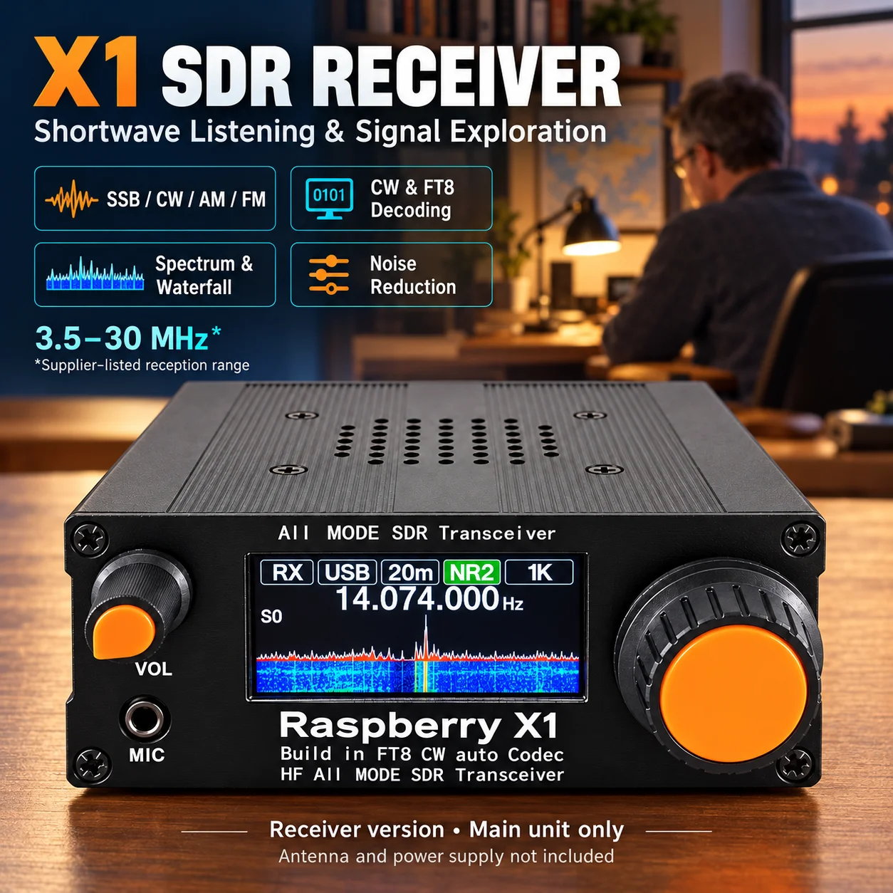 X1 SDR Shortwave Radio Receiver 3.5-30MHz SSB CW AM FM with FT8 CW Decoding Color Spectrum Waterfall Display