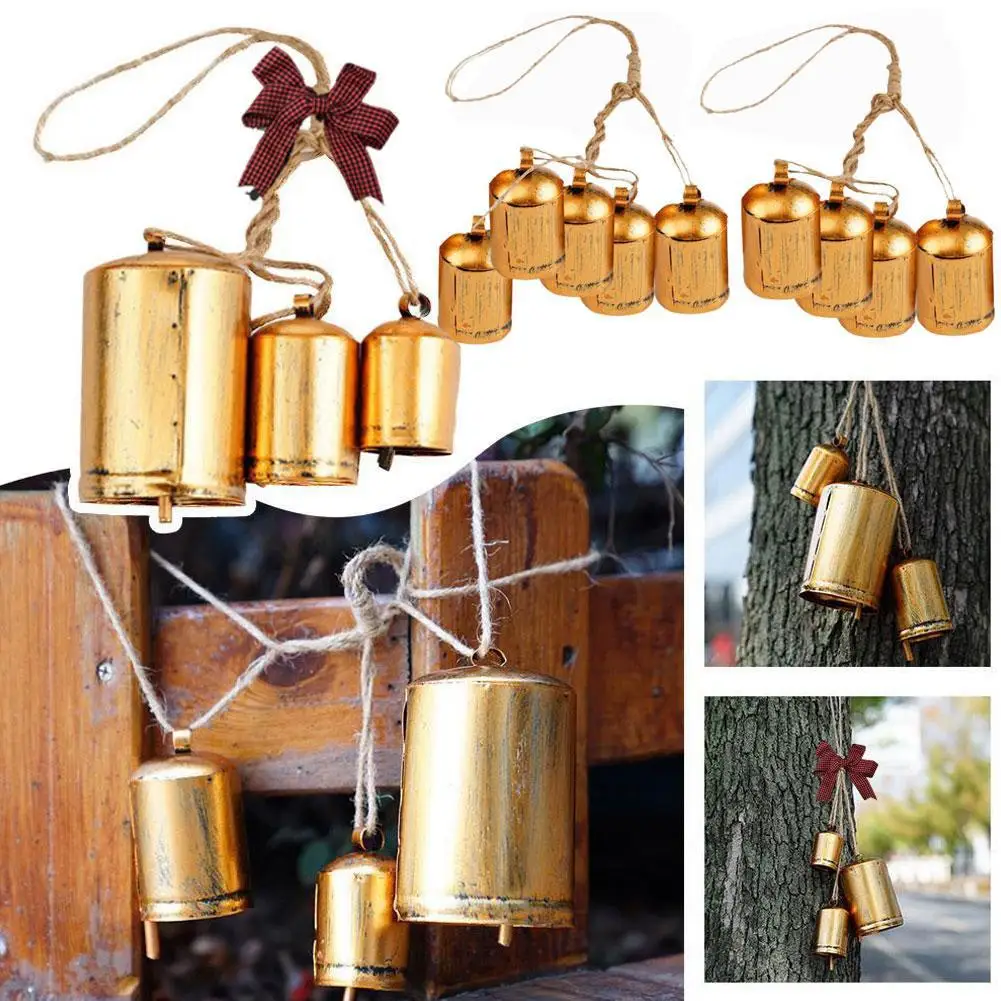 Christmas Cow Bells Rustic Harmony Bells 3pcs Big Vintage Decorate Metal Bells Christmas Handmade Jute On Bells Rope Cow A2d9