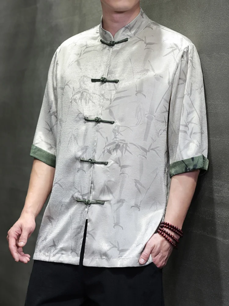 

New Chinese Sle Men's Summer Thin Ice Silk ort Sve irt Cool Sensation Light Weight Dad Clothes Tang Hanfu Zhongan ...