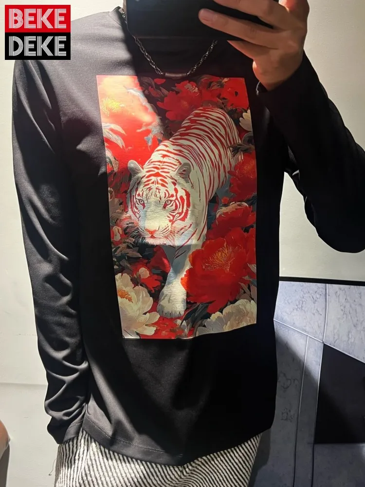 

Spring New Mens Long Sleeve Floral Printed T-Shirt O Neck Comfortable Pullover Tees Tops Casual Streetwear Fashion Male T-Shirt