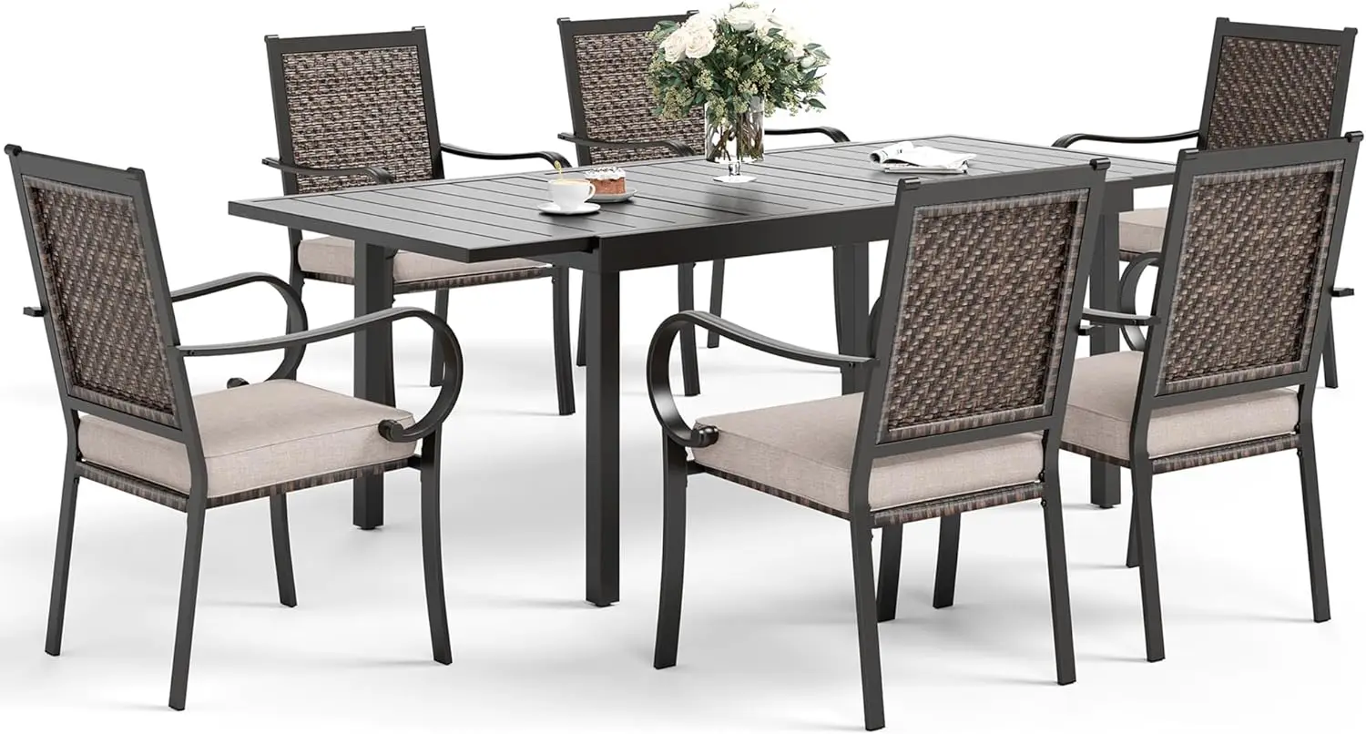 7 Piece Wicker Patio Dining Sets, Outdoor Dining Sets For 6, 1 Expandable Metal Outdoor Dining Table & 6 Patio Dining Chairs