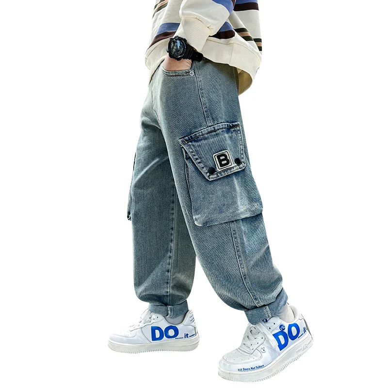 

Boys Cargo Pants Kids Blue Trousers Spring Autumn New Sports Jeans Big Children Korean Casual Clothes 5 6 8 9 10 12 14 Years Old