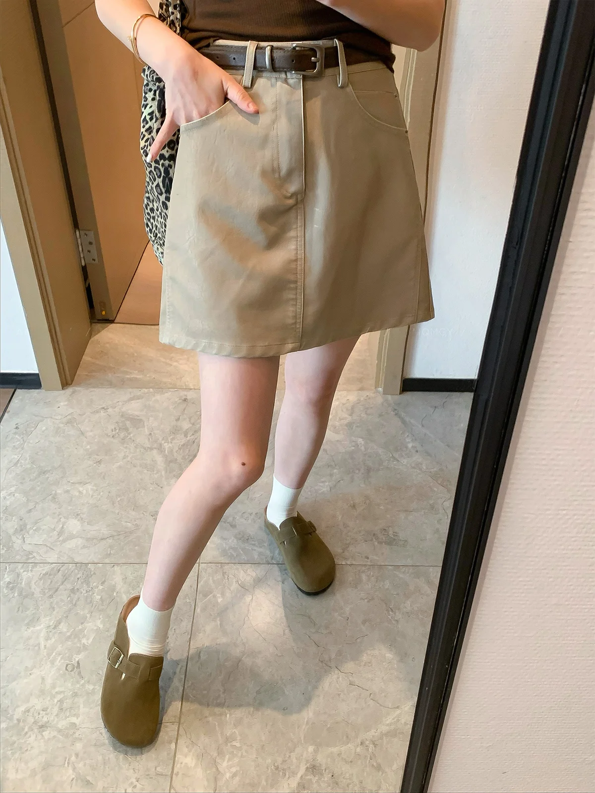 

Faionable High Waist Leather Skirt A-Line Skirt Bla Color Women's Spring Summer New Sle Commute Korean Version