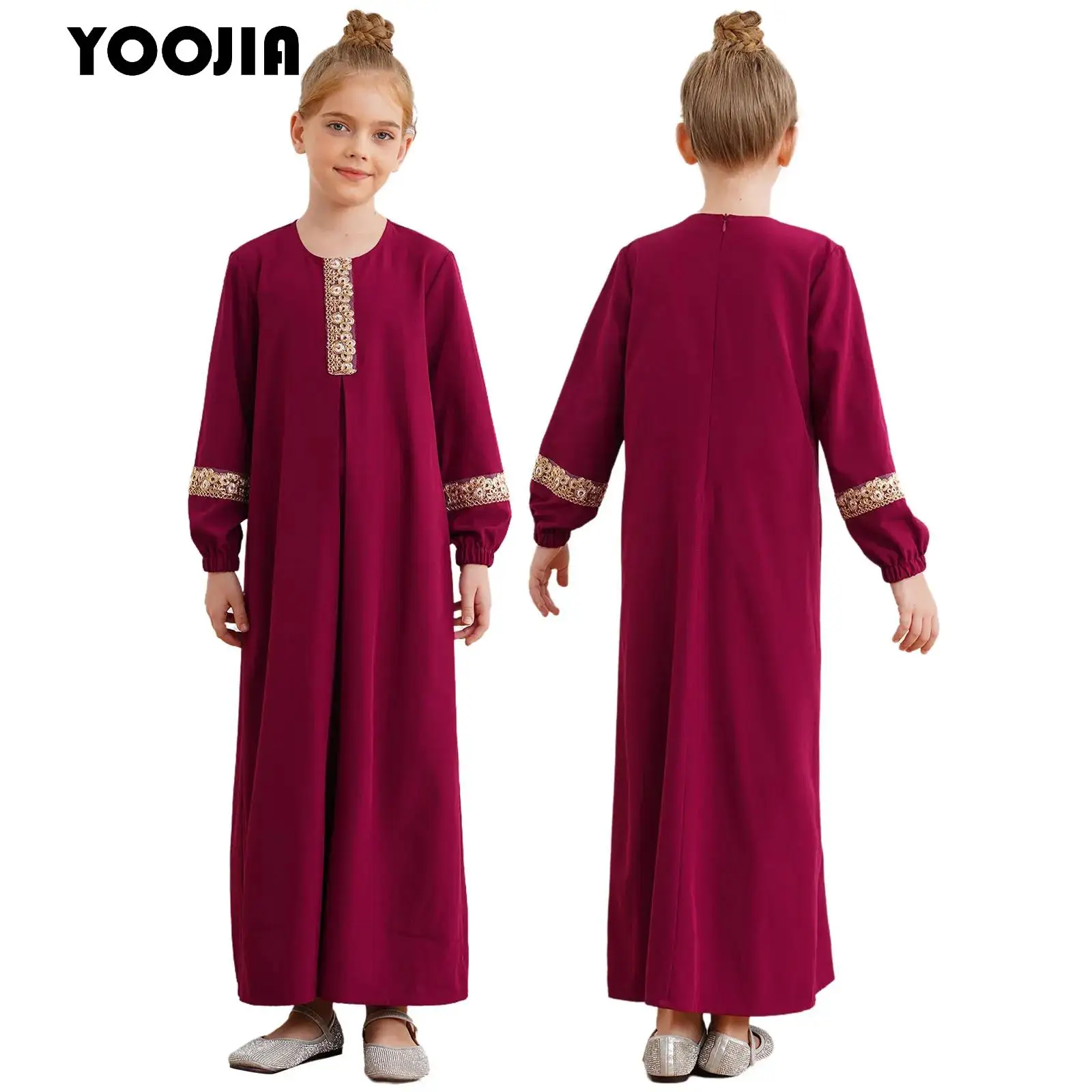 

Kids Girls Muslim Abayas Maxi Dress Gold Embroidery Trim Islamic Dubai Robe Long Sleeve Crew Neck Praisewear Arabian Kaftan