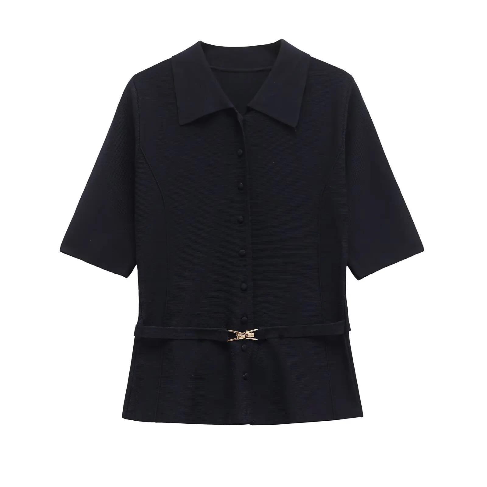 

TRAF & Women 2025 Spring New Fashion Lazy Wind Belt Decoration Knitted Cardigan Chic Laps Button Short Sleeve T-shirt Mujer