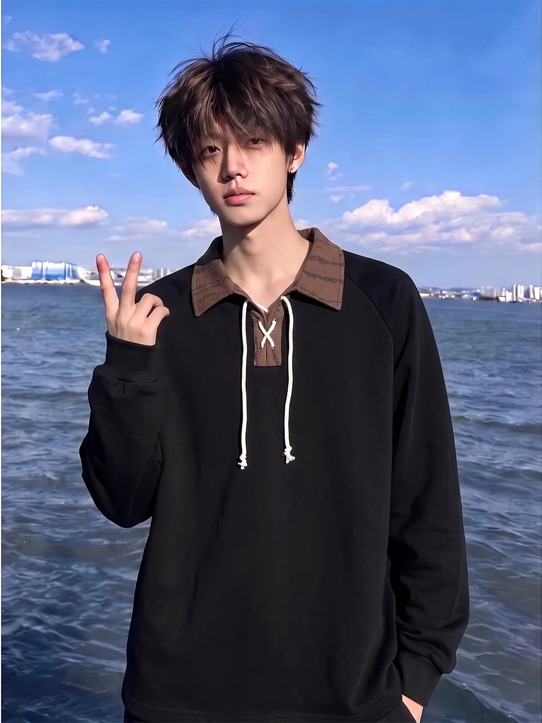Black Drawstring Hooded Long Sleeve  Shirt Men's Style Autumn Trendy Loose Casual Versatile Splice Color Block Top