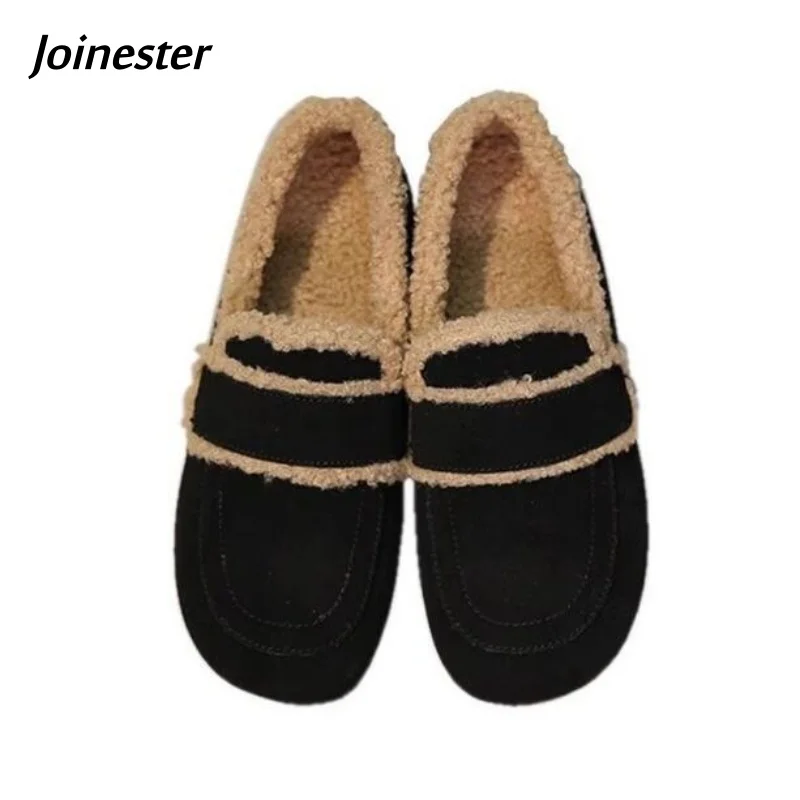 

Женская зимняя обувь из флока на плоском каблуке, теплые короткие плюшевые мокасины без шнуровки, удобные повседневные хлопковые лоферы для девочек