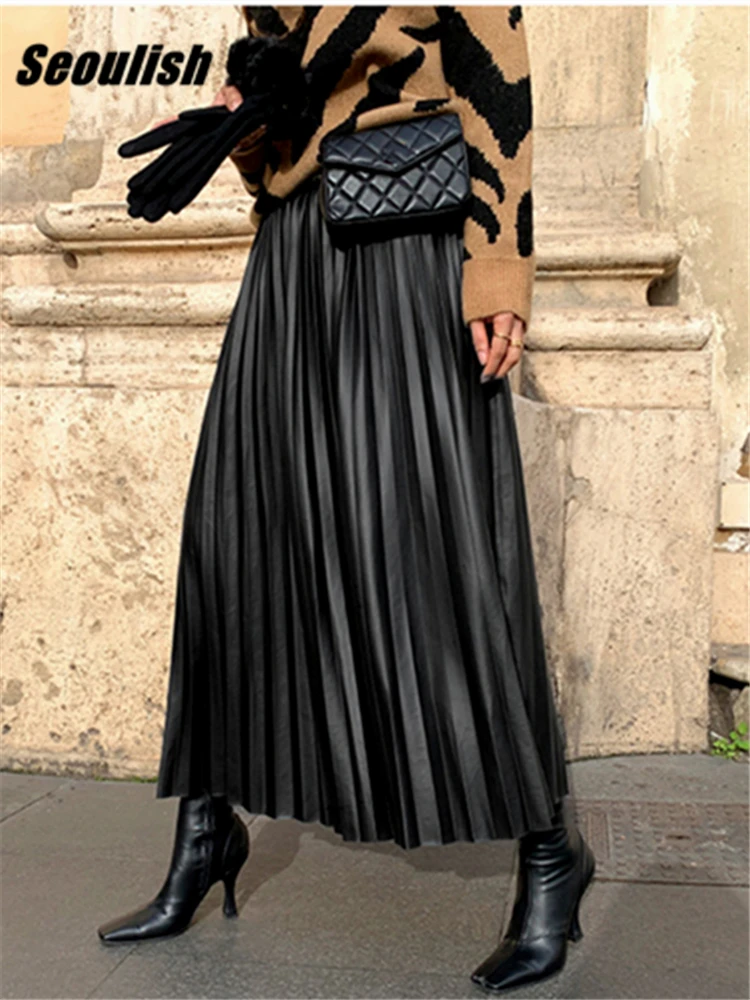 Seoulish Autumn Winter New 2022 Faux PU Leather Pleated Long Skirts for Women High Waist All-match Umbrella Chic Skirts Female