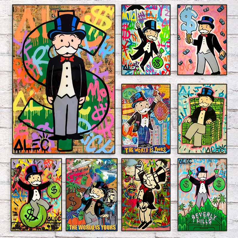 Graffiti Street Art Alec Monopoly Millionaire Money Canvas Painting Cartoon Wall Art Picture for Modern Living Room Home Decor