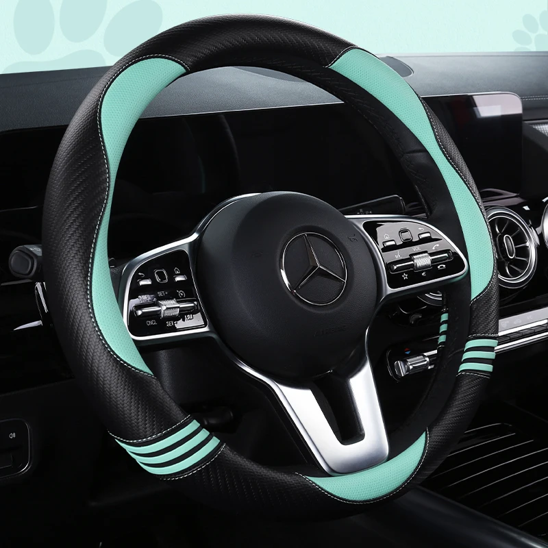 New Cartoon Cat Carbon Fiber Steering Wheel Cover  Durable Leather Cover with Anti-Slip Lining, Fit for 14.5