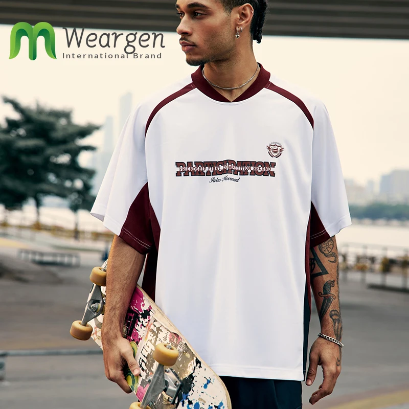 Men Sports Splicing Printed T-shirt Summer New American Retro Sports Tailoring Color Block Short Sleeves 8025S25