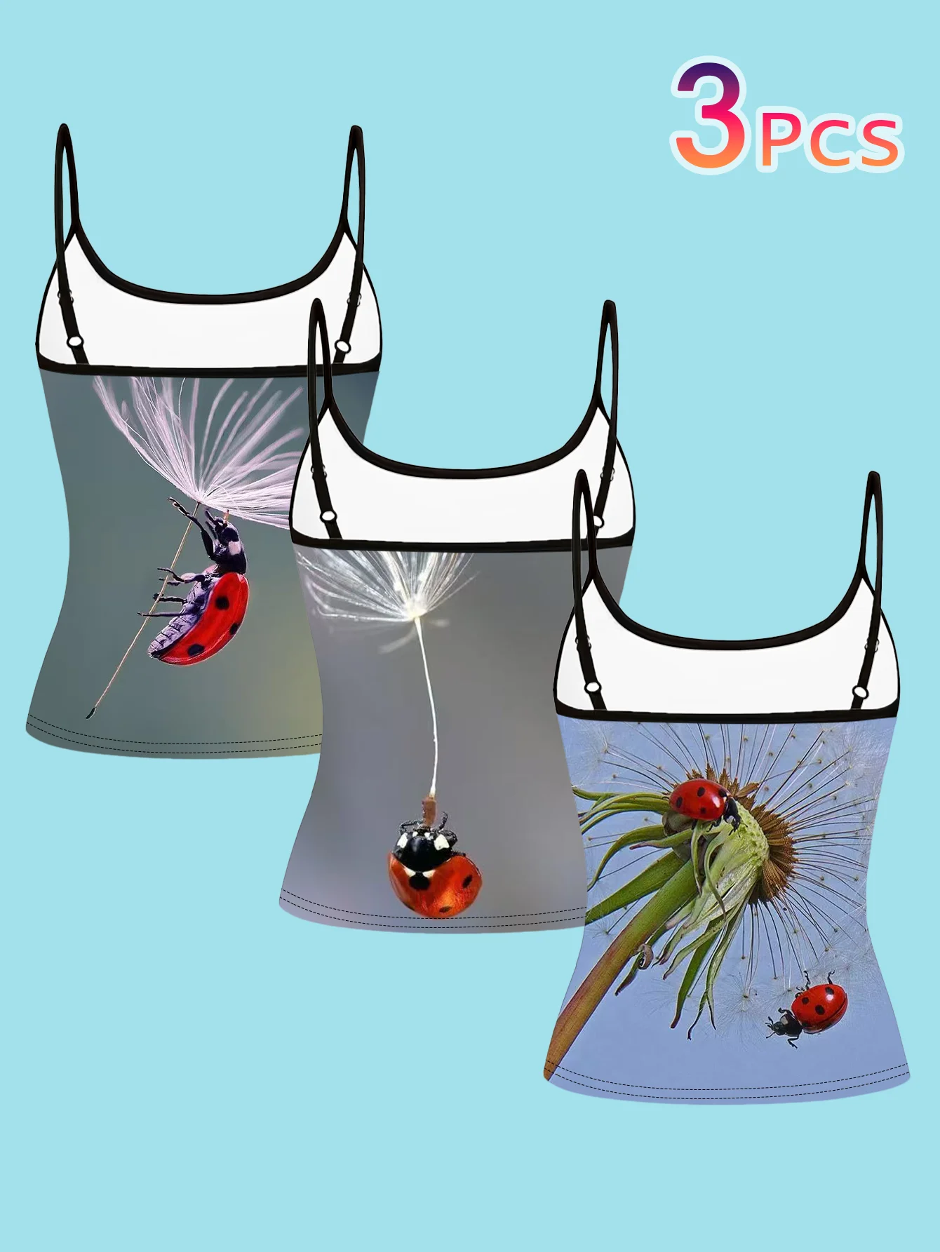 3-Piece Set of Pastoral Style Ladybug and Dandelion Print Camisole Tops for Women, Summer Slim-Fit Spaghetti Strap Fresh Inner Wear