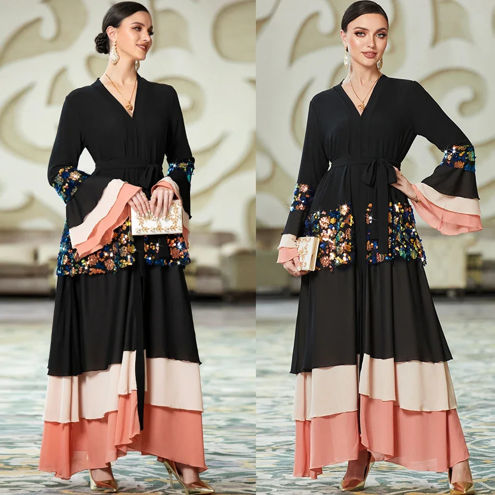 

Многослойное открытое кимоно Абая с блестками, Дубайский кафтан, мусульманский кардиган, платье, женский скромный халат, женский кафтан, исламская одежда, Kebaya Jalabiya