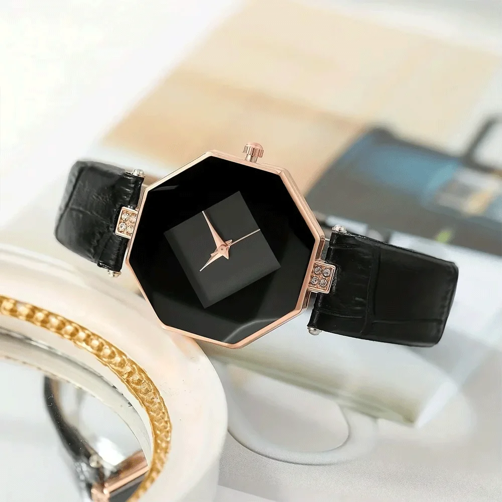 1 قطعة مؤشر مضلع عادية كوارتز ساعة فاخرة حجر الراين التناظرية بولي Leather ساعة يد جلدية و 5 قطعة مجموعة مجوهرات ، هدية لأمي/لها