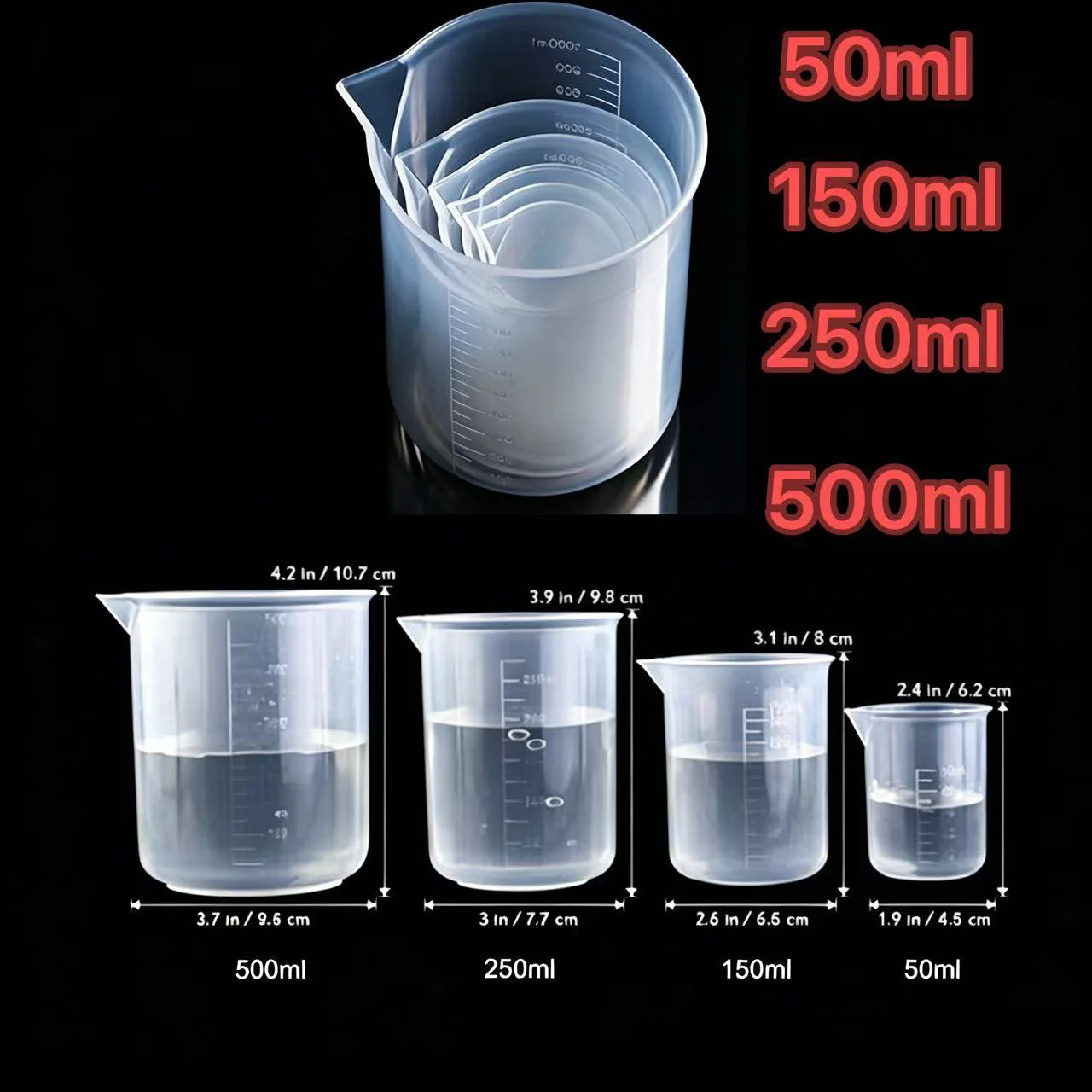 50/150/250/500ml Plastic Graduated Beakers Measuring Cups, Multipurpose Lab & Kitchen Baking Measuring Tools